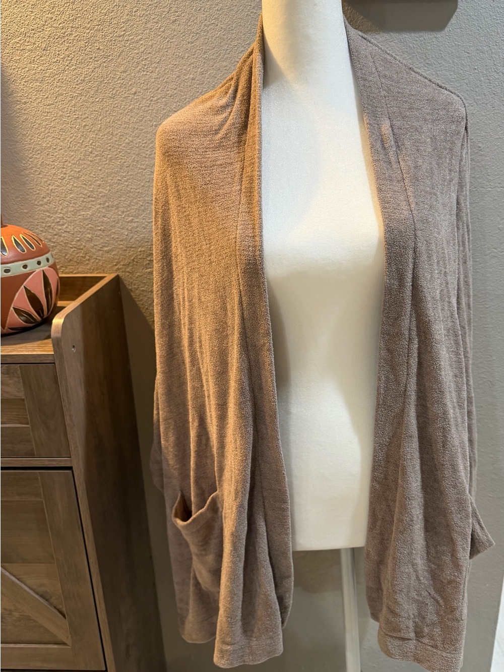 Barefoot Dreams CozyChic Ultra Lite Taupe Open Front Cardigan One Size Pockets